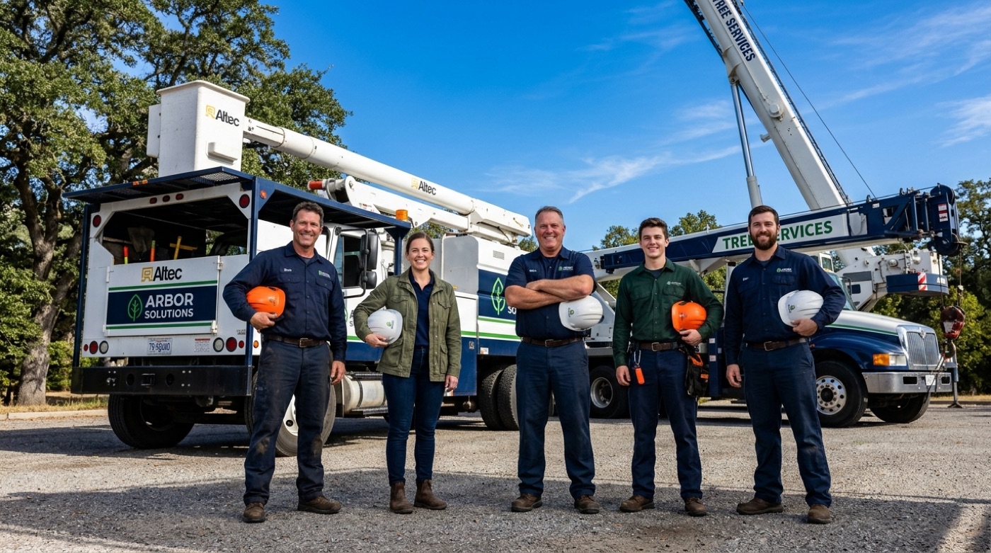 Five-person tree removal team in front of bucket truck and crane